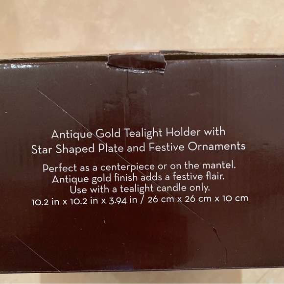 Antique Gold, Tea light holder with Star shaped glass plate & festive ornaments. - Picture 2 of 5